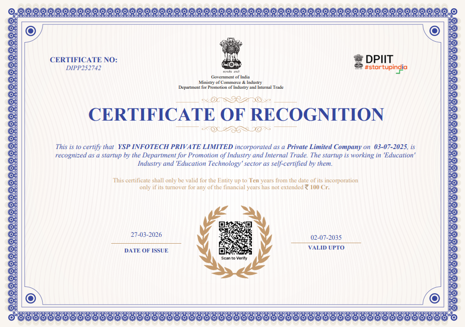 DPIIT Certificate of Recognition - YSP Infotech Private Limited - Startup India